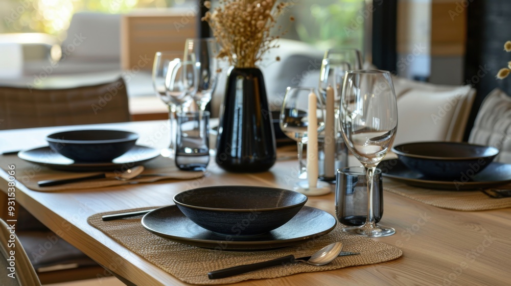 A modern dining table set with light black plates and cutlery, ready for a meal A modern dining table set with light black plates and cutlery, ready for a meal