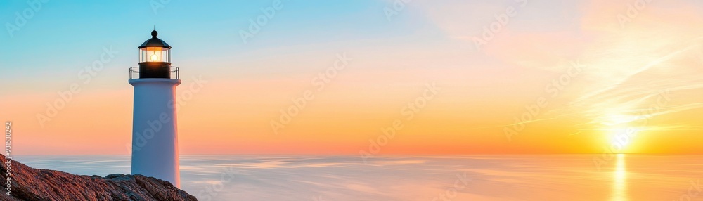 A serene lighthouse stands tall against a vibrant sunset, casting warm hues over the calm sea, symbolizing guidance and tranquility. A serene lighthouse stands tall against a vibrant sunset, casting warm hues over the calm sea, symbolizing guidance and tranquility.