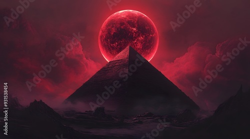 A Pyramid Silhouetted Against a Red Moon photo