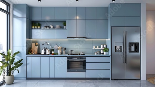 A modern kitchen with light blue cabinets and sleek stainless steel appliances