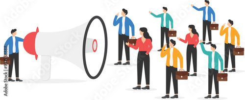 men in business suits stand around the loudspeaker


