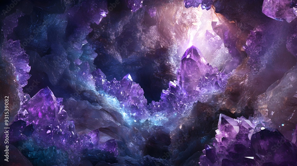Captivating Crystalline Geode Vibrant Amethyst and Quartz Formations in Dimly Lit Cavern Captivating Crystalline Geode Vibrant Amethyst and Quartz Formations in Dimly Lit Cavern