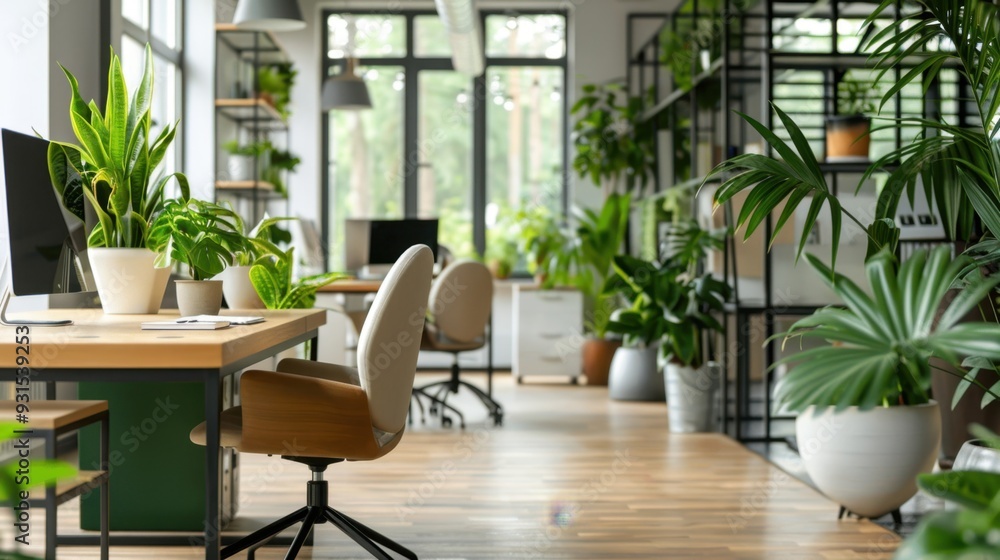 A modern office space with green accents and indoor plants, creating a fresh work environment A modern office space with green accents and indoor plants, creating a fresh work environment