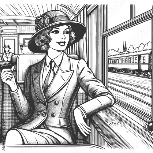 Stylish woman in a suit and hat, seated in a vintage train carriage, gazing out the window in black and white illustration. Generative ai vector illustration. Engraving sketch imitation