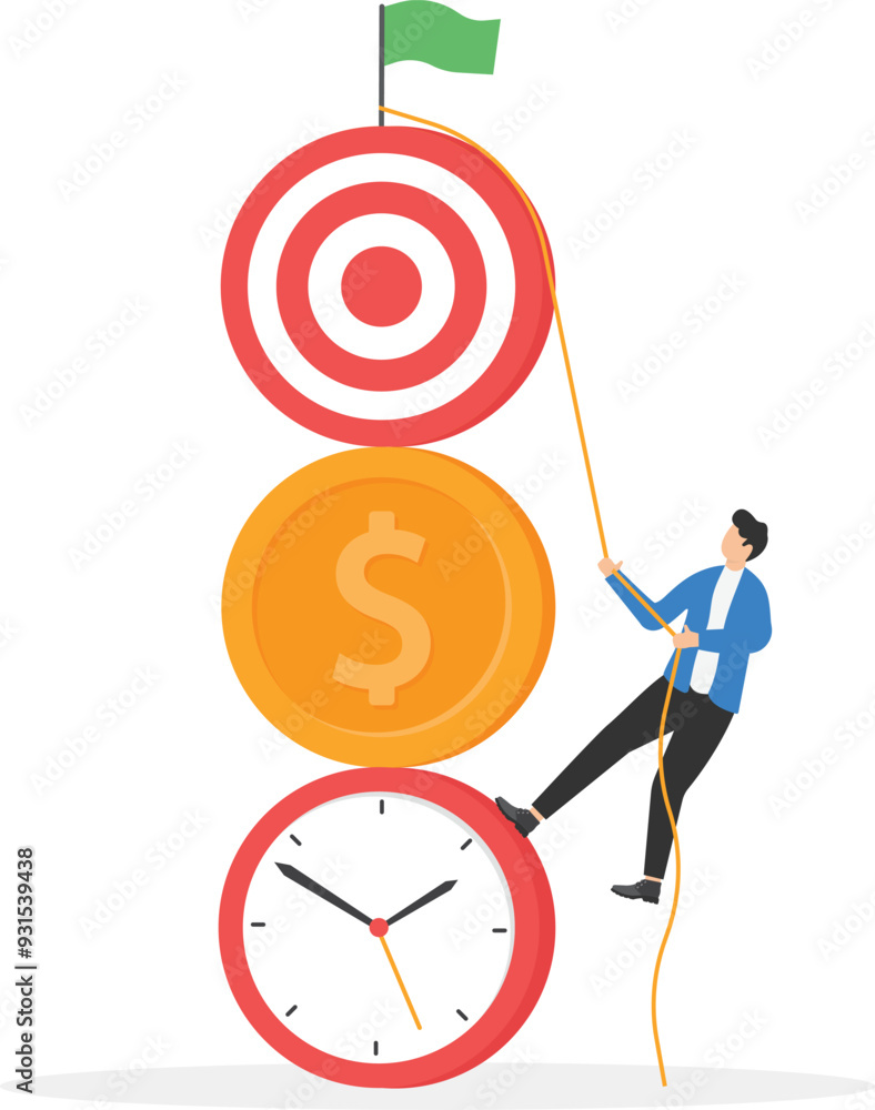 a man in a business suit applying his efforts hangs on a large clock,coin, and target.
a man in a business suit applying his efforts hangs on a large clock,coin, and target.
