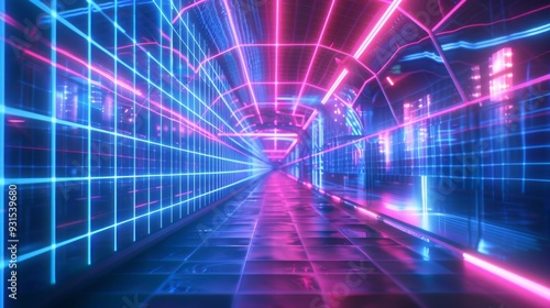 Wallpaper Mural A futuristic digital landscape with neon lights and glowing grid lines, perfect for tech and sci-fi themed visual content and digital art. Torontodigital.ca