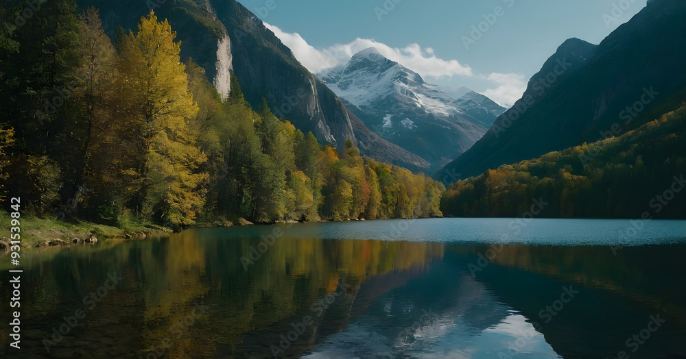 Autumn forest reflecting in calm lake water with snowy mountain peak Autumn forest reflecting in calm lake water with snowy mountain peak