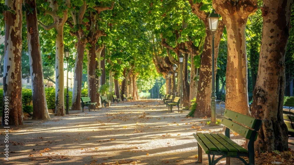 A peaceful park with green benches under the shade of tall trees on a sunny day A peaceful park with green benches under the shade of tall trees on a sunny day