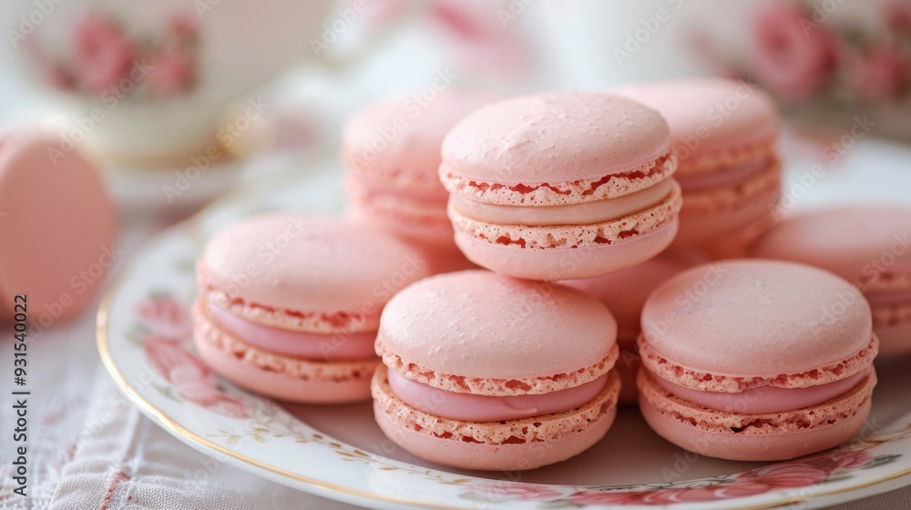 A plate of pink macarons arranged neatly, ready to be enjoyed with a cup of tea A plate of pink macarons arranged neatly, ready to be enjoyed with a cup of tea