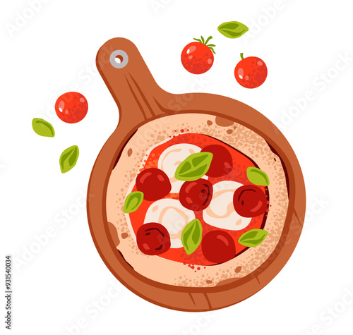 Italian pizza with pepperoni and mozzarella on a wooden tray. Flat vector illustration isolated on white background