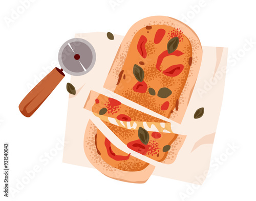 Sliced ​​vegetarian pizza. Italian cuisine. Flat vector illustration on white background