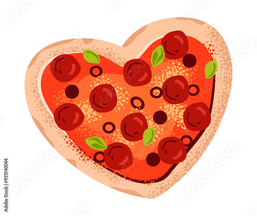Pepperoni pizza in heart shape isolated on white background. Flat vector illustration of Italian cuisine.
