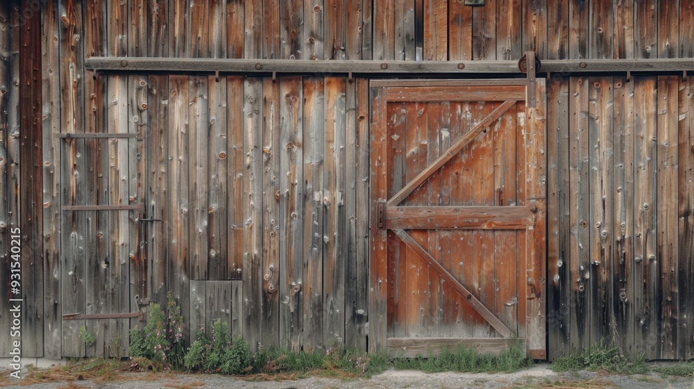 Naklejka premium A rustic barn door with a weathered brown finish, adding charm to a countryside scene