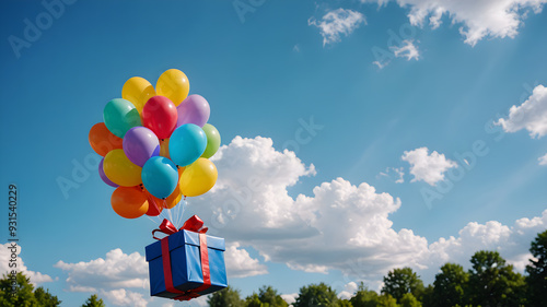Bunch of flying helium balloons carrying a gift box or anniversary congratulation concept.