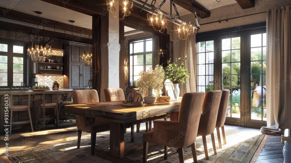 Fototapeta premium A rustic dining room with a wooden table, brown chairs, and a chandelier, creating a warm setting