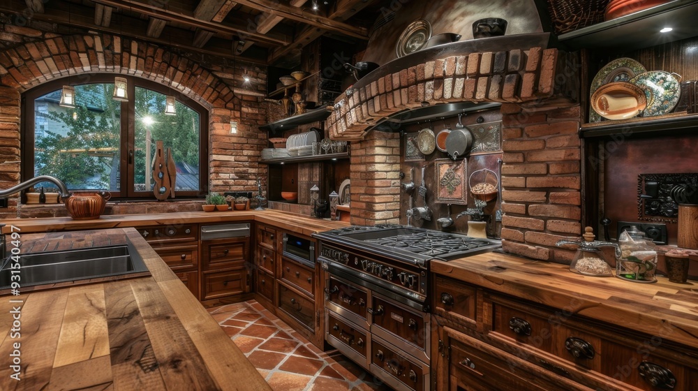 A rustic kitchen with brown brick walls and wooden countertops, creating a warm and earthy feel A rustic kitchen with brown brick walls and wooden countertops, creating a warm and earthy feel