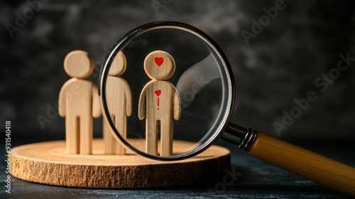 Magnifying Glass on Wooden Figurines with Hearts