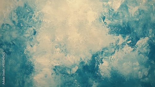 Abstract teal and white painted canvas background with visible brush strokes.