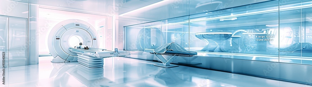 Naklejka premium A futuristic, serene, and sterile medical room features a glowing MRI scanner