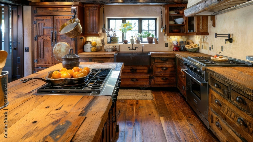 A rustic kitchen with wooden countertops and brown cabinets, creating a warm and inviting space A rustic kitchen with wooden countertops and brown cabinets, creating a warm and inviting space