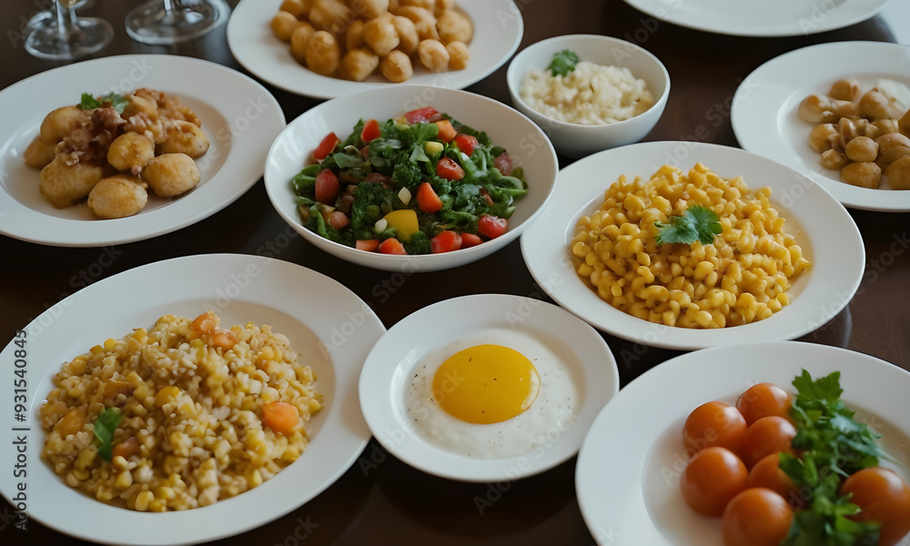 Dishes standing on table with variety of food for tasting Dishes standing on table with variety of food for tasting