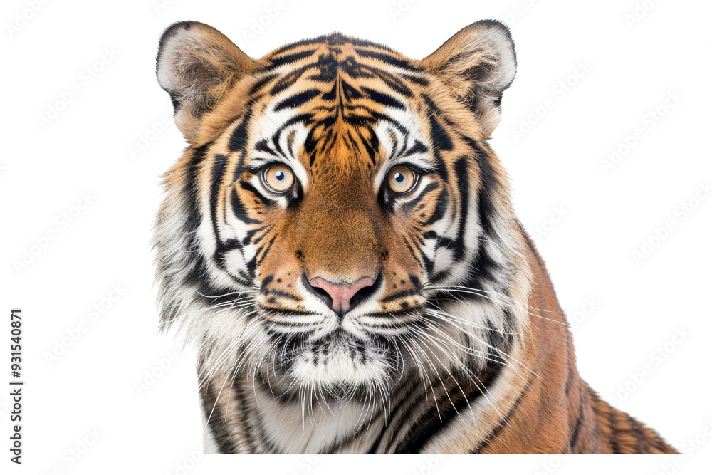 Obraz premium Detailed portrait of an Asian Bengal tiger, looking intently at the camera, isolated against a white background, emphasizing its majestic appearance and expressive eyes