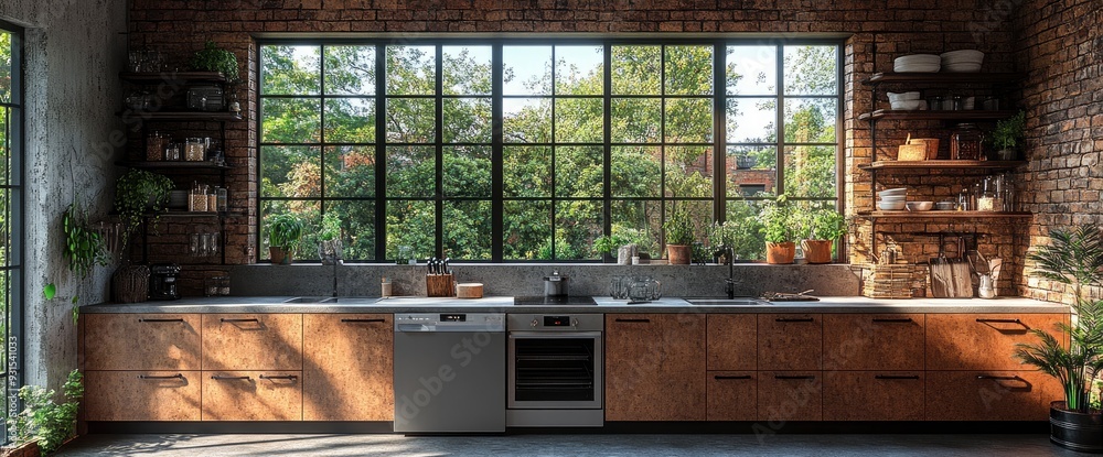Modern Loft Kitchen, Industrial Style, Sleek Design, Bright Natural Light, 3D Render Modern Loft Kitchen, Industrial Style, Sleek Design, Bright Natural Light, 3D Render