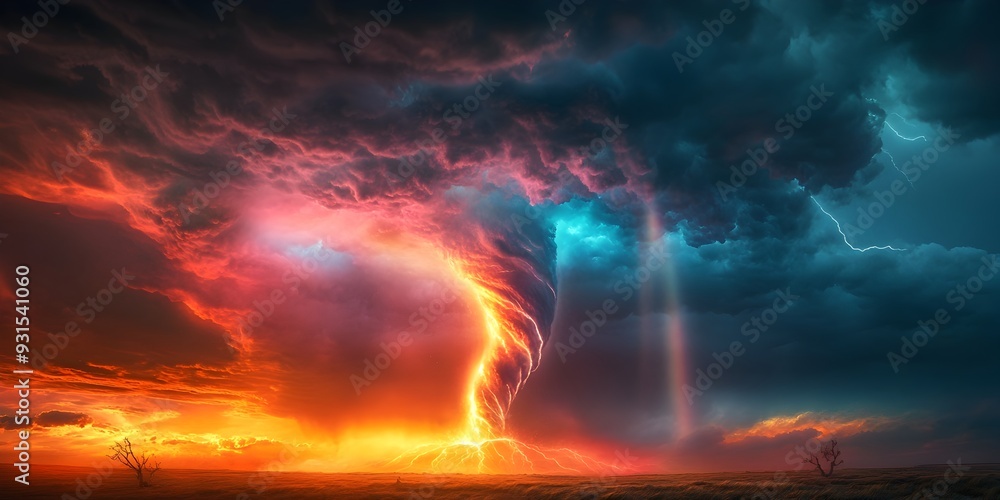 Colossal Twisting Tornado Casting Vivid Rainbow Through Ominous Storm Clouds in Cinematic Landscape Colossal Twisting Tornado Casting Vivid Rainbow Through Ominous Storm Clouds in Cinematic Landscape