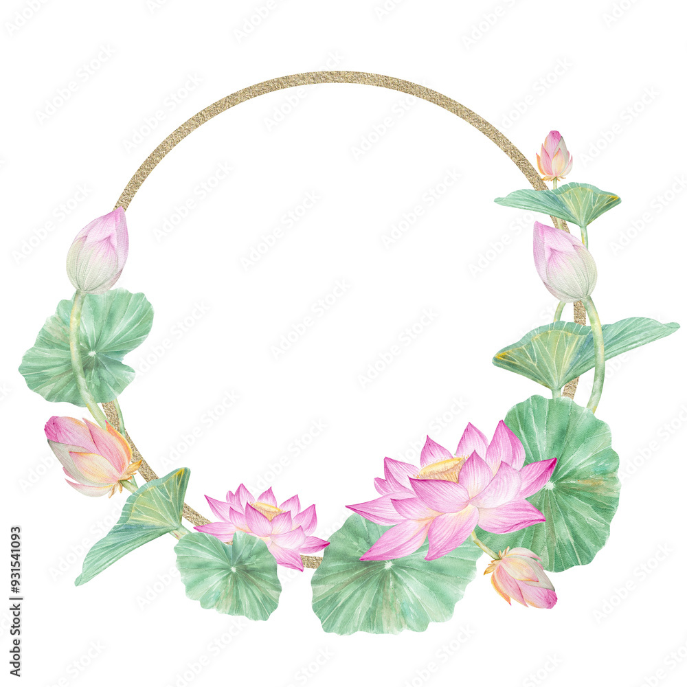 Lotus frame. Watercolor illustration lotuses and leaves hand drawn, lotus flower frame for design Lotus frame. Watercolor illustration lotuses and leaves hand drawn, lotus flower frame for design