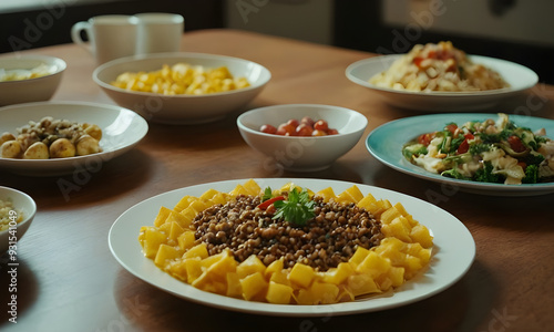 Delicious dishes standing on wooden table in modern interior