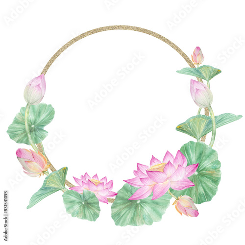 Wallpaper Mural Lotus frame. Watercolor illustration lotuses and leaves hand drawn, lotus flower frame for design Torontodigital.ca