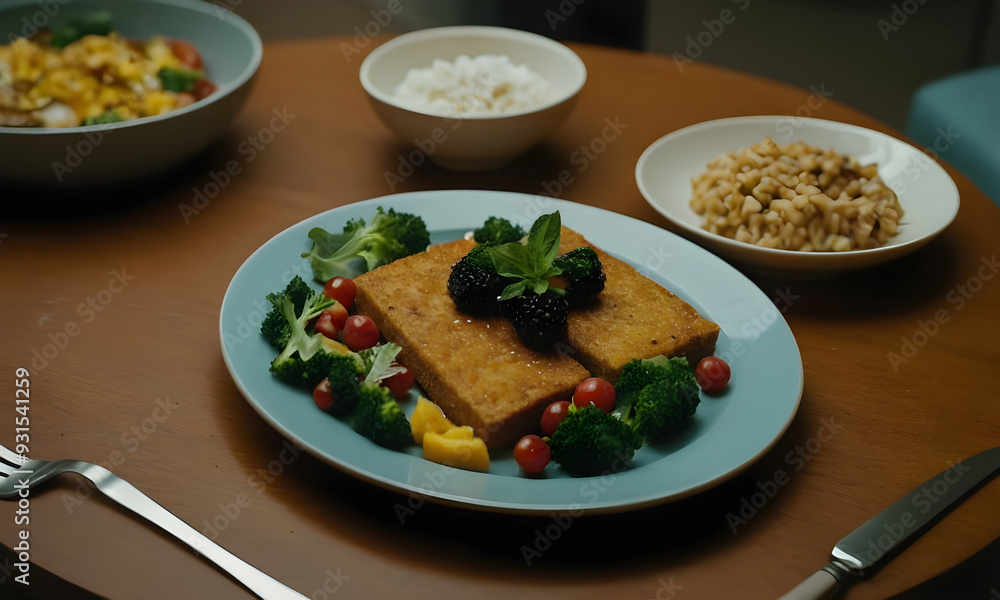 Enjoying a healthy vegan meal with tofu and vegetables Enjoying a healthy vegan meal with tofu and vegetables