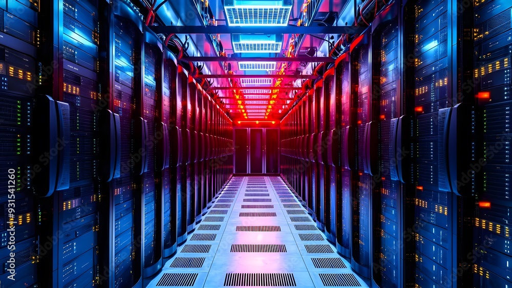 A high tech data center with rows of meticulously server racks cooling systems network cables sophistication of modern data storage and management technology A high tech data center with rows of meticulously server racks cooling systems network cables sophistication of modern data storage and management technology