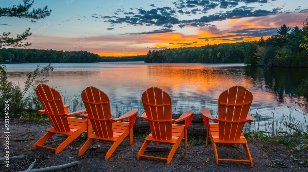 A set of orange Adirondack chairs facing a calm lake at sunset, inviting relaxation A set of orange Adirondack chairs facing a calm lake at sunset, inviting relaxation