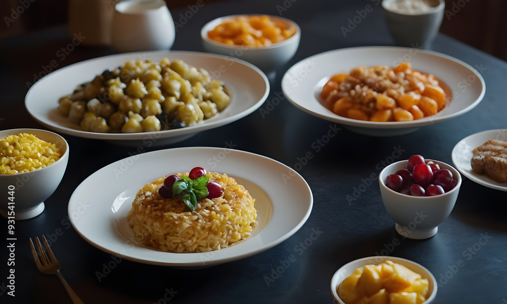 Saffron risotto sitting on table with side dishes in restaurant fine dining experience Saffron risotto sitting on table with side dishes in restaurant fine dining experience