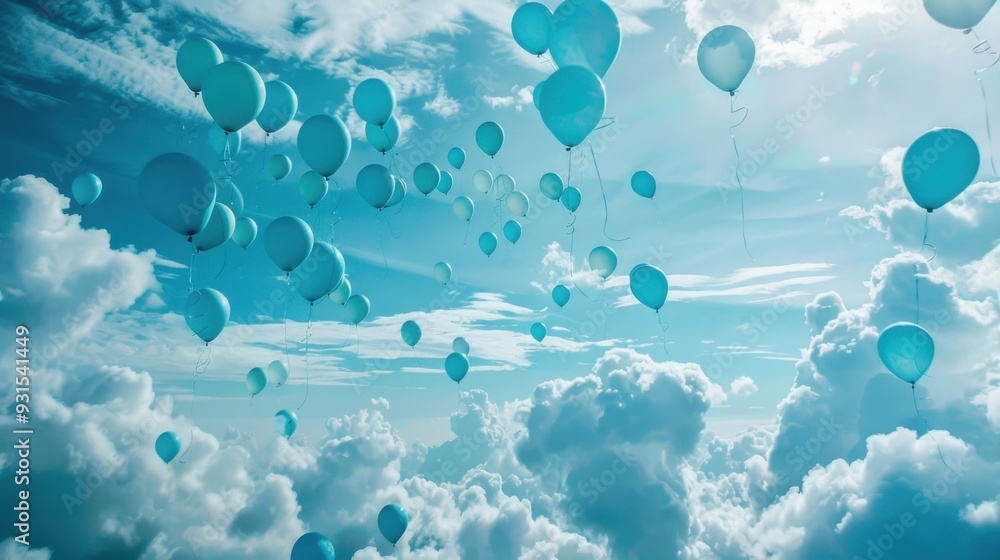 A sky filled with light blue balloons floating upwards against a backdrop of fluffy clouds A sky filled with light blue balloons floating upwards against a backdrop of fluffy clouds