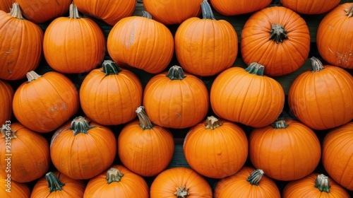 A stack of bright orange pumpkins arranged neatly at a farmers market in autumn -7ebbe8c3ffef