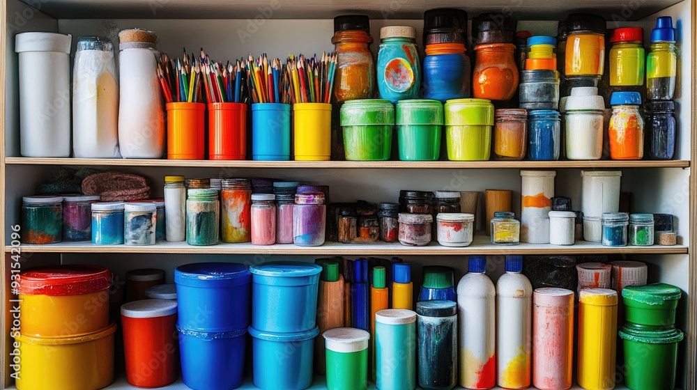 Colorful jars and containers on a wooden shelf. Colorful jars and containers on a wooden shelf.