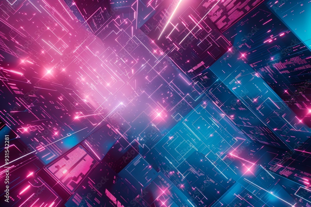 The futuristic corridor is lit with vibrant blue and pink neon lights, creating a high-tech, sci-fi atmosphere. The futuristic corridor is lit with vibrant blue and pink neon lights, creating a high-tech, sci-fi atmosphere.