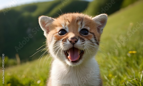 Adorable tabby kitten meowing in a field