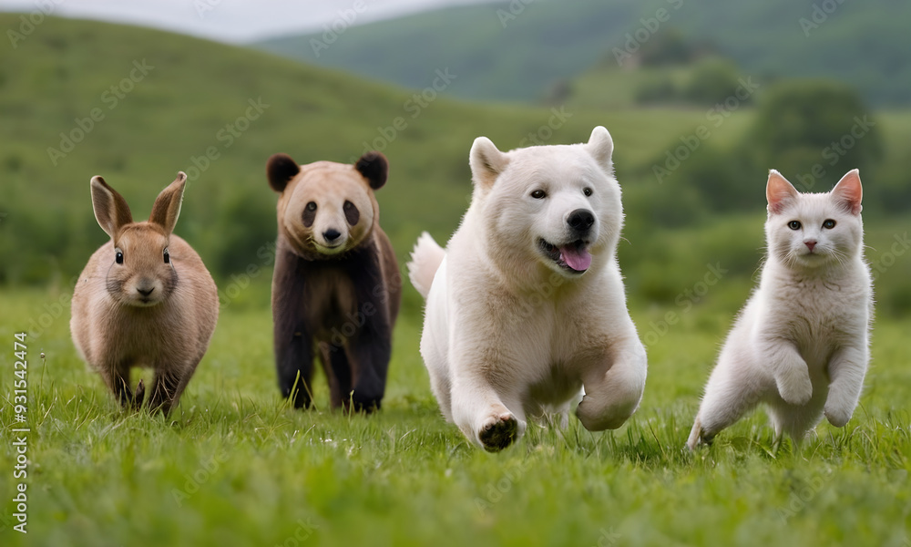 Happy animals running on grass together in harmony Happy animals running on grass together in harmony