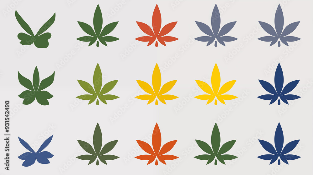 Bold And Colorful Marijuana Leaves With Green Yellow And Blue Icons Bold And Colorful Marijuana Leaves With Green Yellow And Blue Icons