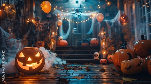 Interior of spacious room in house which is decorated with decorations in Halloween style Room for Halloween party is decorated with pumpkins lanterns cobwebs spiders balloons and skel : Generative AI photo