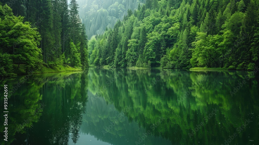 A tranquil lake surrounded by dense green forest, reflecting the trees in the water A tranquil lake surrounded by dense green forest, reflecting the trees in the water