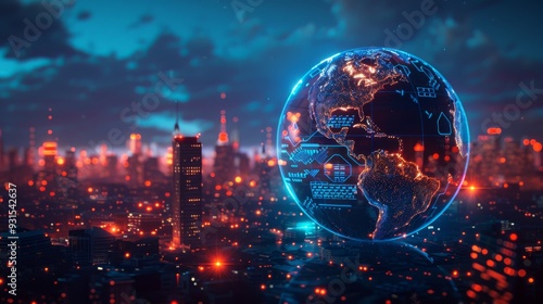 The Cyber City Lights are a radiant cityscape drenched in vibrant blue, built on a network of digital networks that span the globe, a beacon of technological innovation.