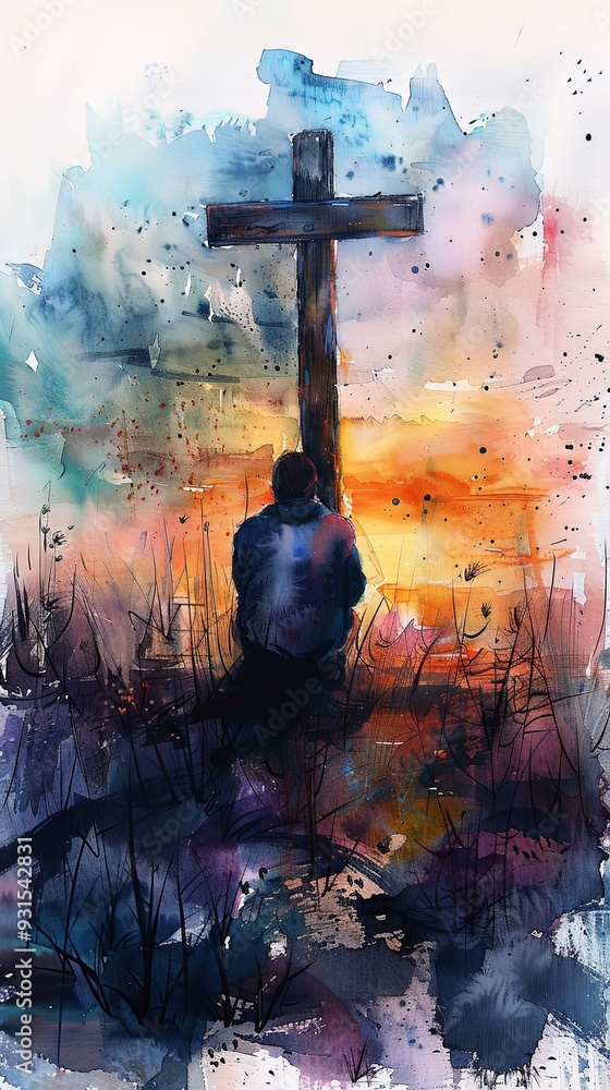 A figure kneels beside a cross in a vibrant, abstract landscape with a striking sky, implying themes of surrender, devotion, and inner peace. A figure kneels beside a cross in a vibrant, abstract landscape with a striking sky, implying themes of surrender, devotion, and inner peace.