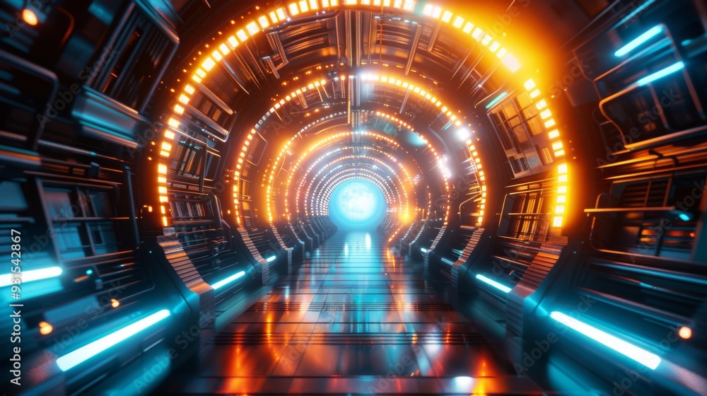 The futuristic neon-lit tunnel creates an atmosphere of sci-fi in a dark and metallic environment with vibrant glowing lights. The futuristic neon-lit tunnel creates an atmosphere of sci-fi in a dark and metallic environment with vibrant glowing lights.