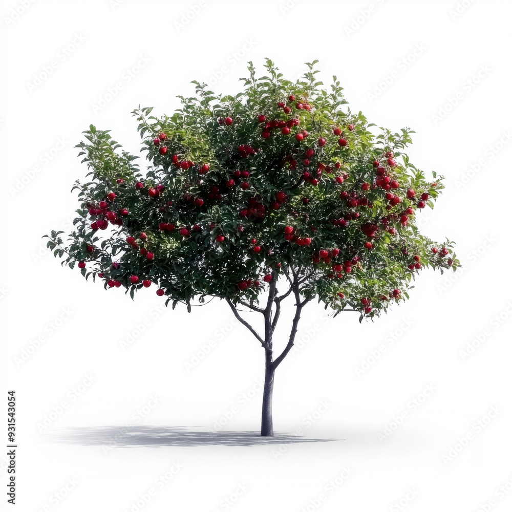 A realistic depiction of a single apple tree filled with ripe red apples and lush green foliage, isolated on a white background. A realistic depiction of a single apple tree filled with ripe red apples and lush green foliage, isolated on a white background.
