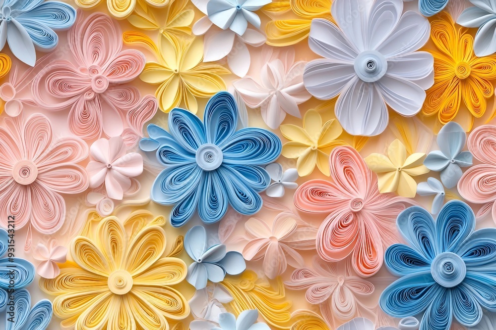 seamless pattern of 3D daisies floral pastel pink, yellow, and blue , paper quill pattern.
seamless pattern of 3D daisies floral pastel pink, yellow, and blue , paper quill pattern.