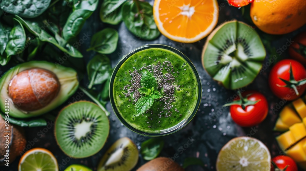 A vibrant green smoothie in a glass, surrounded by fresh fruits and vegetables A vibrant green smoothie in a glass, surrounded by fresh fruits and vegetables